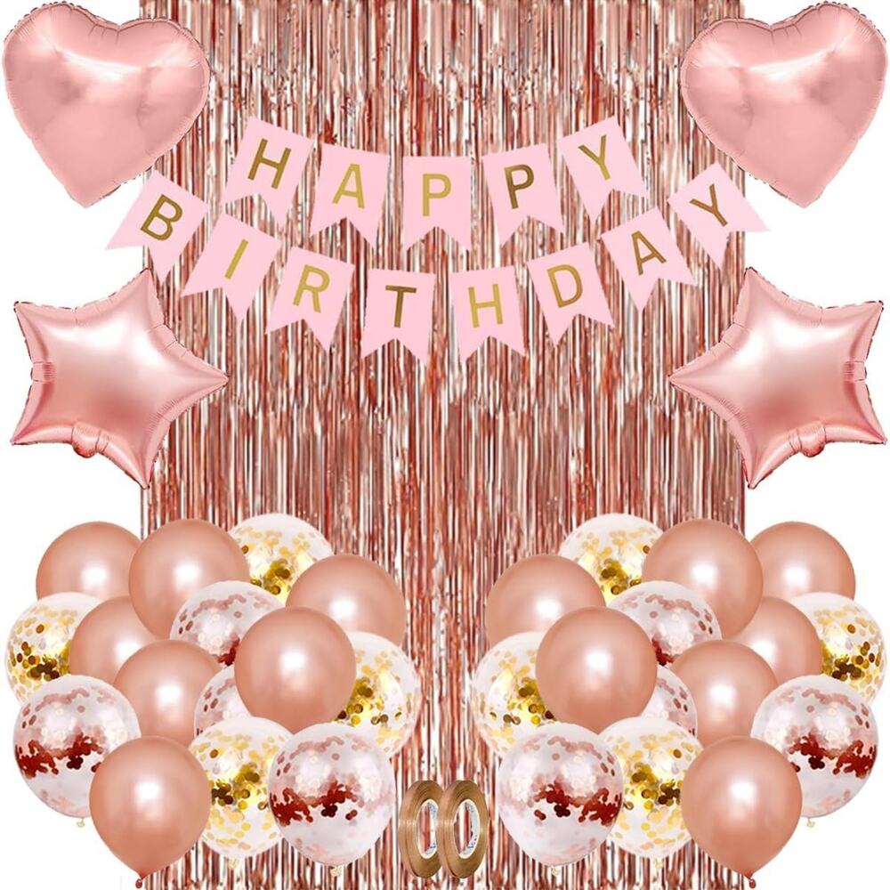 Rose Gold Birthday Party Decorations, Banner, Fringe Curtain, Confetti Balloons